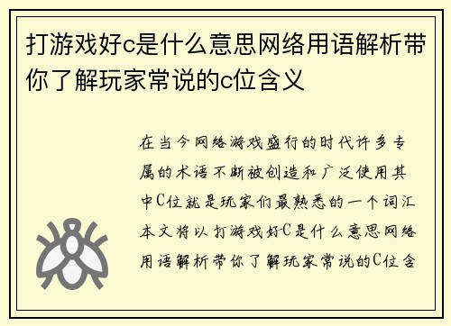打游戏好c是什么意思网络用语解析带你了解玩家常说的c位含义